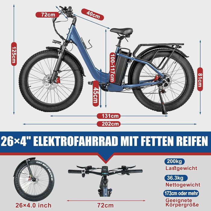 Електричні велосипеди Skivogr 26 E-Bike для жінок та чоловіків, міський електронний велосипед зі знімним акумулятором, шинами 4.0 Fat, гідравлічними гальмами, трекінговий електронний велосипед для пересування по всій місцевості синього кольору