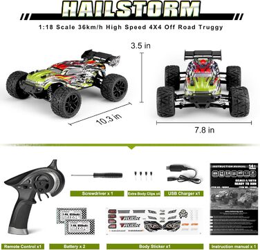 Пульт дистанційного керування автомобілем 1/18 RC Car Hailstorm, 4WD всюдихідний високошвидкісний гоночний автомобіль 36 км / год, 2.4 ГГц RC вантажівка 4X4 позашляховик водонепроникний з електричним управлінням