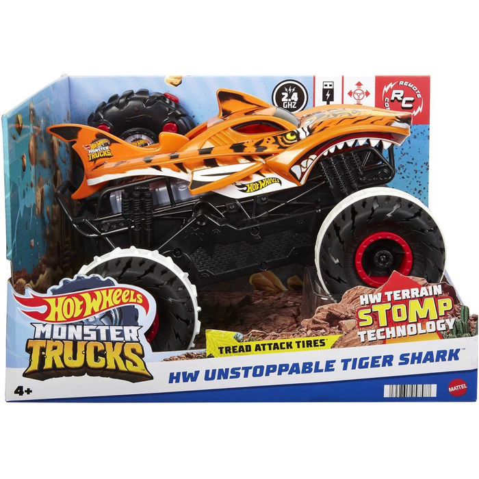 Машинка на дистанційному управлінні Hot Wheels Monster Trucks Tiger Shark, з технологією Terrain Stomp для руху, схожого на тваринний, режим коліщатка для включення 2-х коліс, іграшка від 4 років, HGV87 Orange-1.15 Tiger Shark