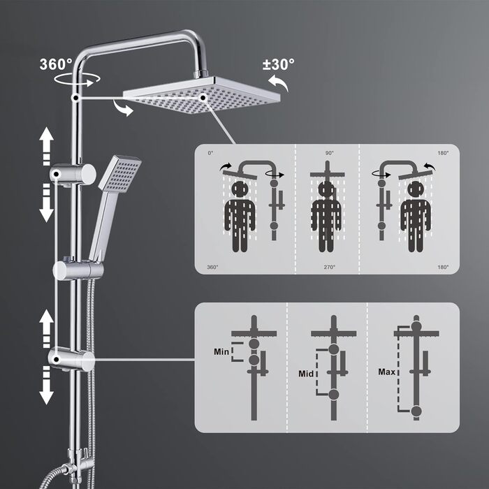 Душовий гарнітур JOHO без змішувача, хромований набір душових штанг, набір душових колонок, душова система для тропічного душу з душовою лійкою з нержавіючої сталі 30x30 см квадрат (ABS2020)