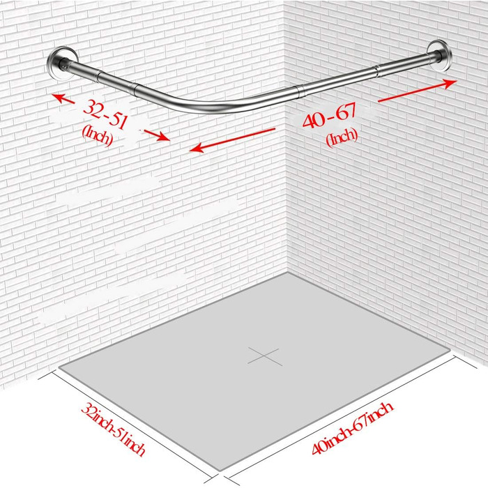 Розширювана кутова шторка для душу - монтаж без свердління Г-подібна форма з нержавіючої сталі 304 81,3-129,5 x 101,6-170,2 см, для ванної кімнати, магазину одягу (в т.ч. гачки для штор)
