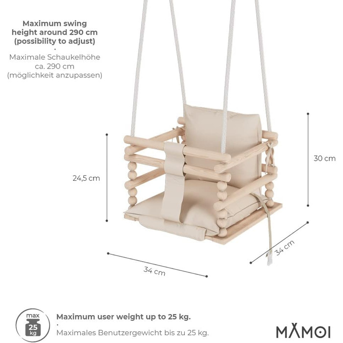 Дитячі гойдалки MAMOI, гойдалки для приміщень і на відкритому повітрі, дерев'яні гойдалки для немовлят і дітей, дитячі гойдалки, дерев'яні гойдалки, гойдалки для малюків для дитячої кімнати та дверної коробки, 3 в 4 (бежевий)