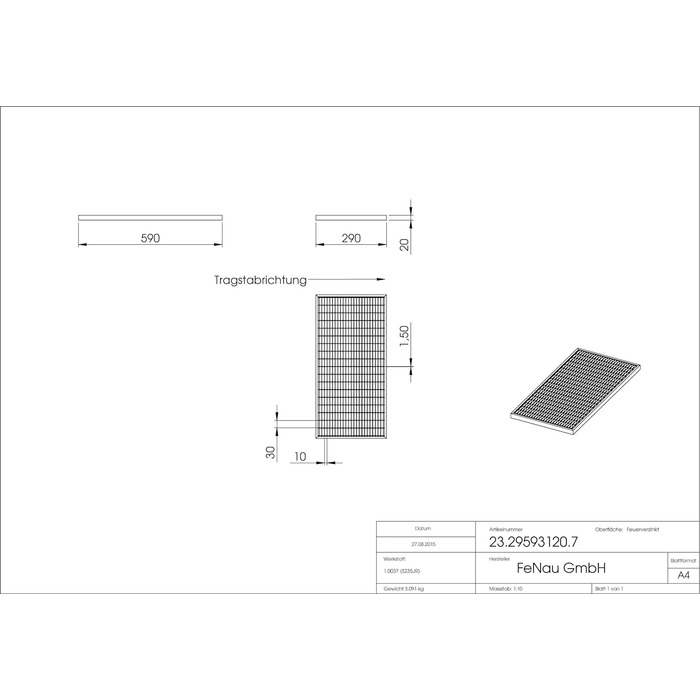 Мм - Решітка, MW 30/10 мм, оцинкована, Решітка для каркаса 300 x 600 x 23 мм, Будівельний стандартний решітковий настил для легкого колодязя, 290 x 590 x 20