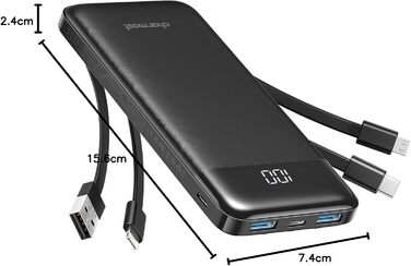 Зовнішній акумулятор USB C Powerbank з 4 вбудованими зарядними кабелями Портативний зарядний пристрій зі світлодіодним дисплеєм Компактний Тонкий 6 виходів Сумісний з планшетом iPhone, Huawei, Samsung Чорний, 10000mAh