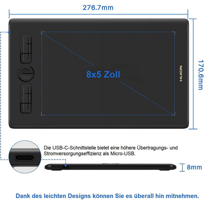 Графічний планшет HUION Inspiroy Dial 2 Bluetooth з контролерами з подвійним набором 6 програмованих кнопок Pen Tablet, 10 x 6-дюймовий бездротовий планшет для малювання, підходить для MacOS/ChromeOS/Linux (8 x 5 дюймів)