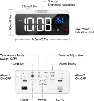 Цифровий будильник LATEC з великим світлодіодним дисплеєм температури, настільний годинник з 10 музикою, USB-порт для зарядки, 4 регульовані яскравість і гучність, Snooze, портативний дзеркальний будильник з 2 будильниками, 12/24HR (білий)
