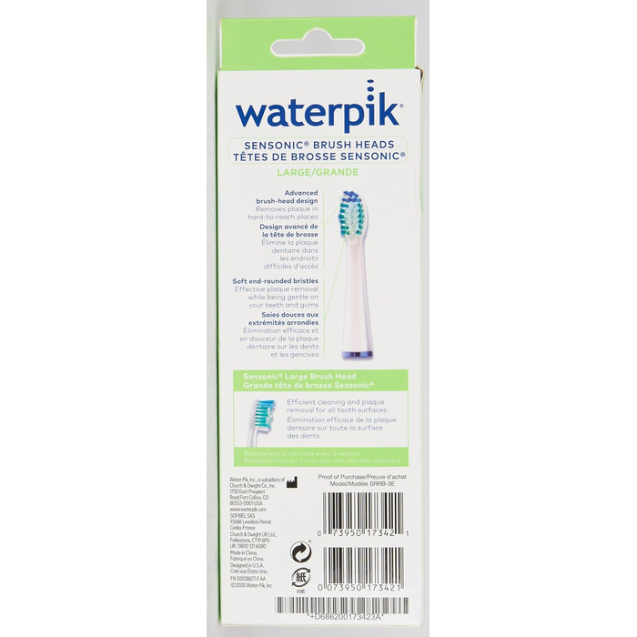 Стандартні насадки для щітки Waterpik, змінні насадки для звукових зубних щіток для Sensonic і повного догляду, 3 упаковки (SRRB-3E)