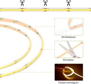 Світлодіодна стрічка DeepDream COB 5M, 3000K тепла біла світлодіодна стрічка з можливістю затемнення 24 В, зовнішня світлодіодна стрічка водонепроникна IP44, яскрава світлодіодна стрічка CRI90 для внутрішнього зовнішнього використання