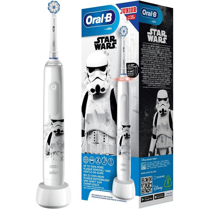 Електрична зубна щітка Oral-B Junior Star Wars для дітей від 6 років, регулювання тиску на 360, м'яка щетина, 2 програми чищення в т.ч. чутлива, таймер, біла стара одинарна