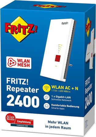 АВМ ФРІЦ Сітчастий ретранслятор WLAN 2400 (Dual WLAN AC N до 1 733 Мбіт/с (5 ГГц) 600 Мбіт/с (2,4 ГГц), Gigabit-LAN, німецька версія) Білий/Червоний