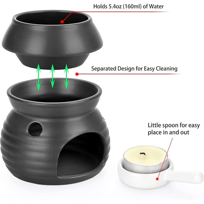 Керамічна ароматична лампа з підсвічником для чаю калабаш ароматична лампа ароматичне світло ароматичний пальник для ароматичної олії та ароматичного воску (чорний), 2 шт.