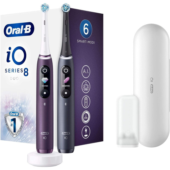 Електрична зубна щітка Oral-B iO 8 Double Pack з революційною магнітною технологією та мікровібраціями, 6 програмами чищення, кольоровим дисплеєм та дорожнім кейсом, чорний онікс/фіолетовий аметрін