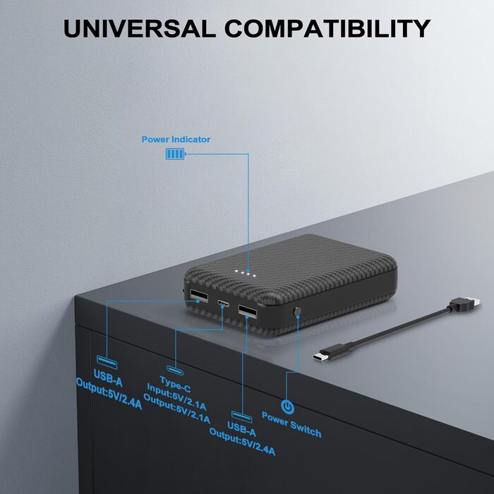 Акумулятор GAROERFAR 12000mAh для жилета з підігрівом - 5V 2A Power Bank для жилета з підігрівом і куртки з підігрівом, портативний зарядний пристрій USB C Power Bank сумісний з iPhone iPad Samsung Tablet тощо