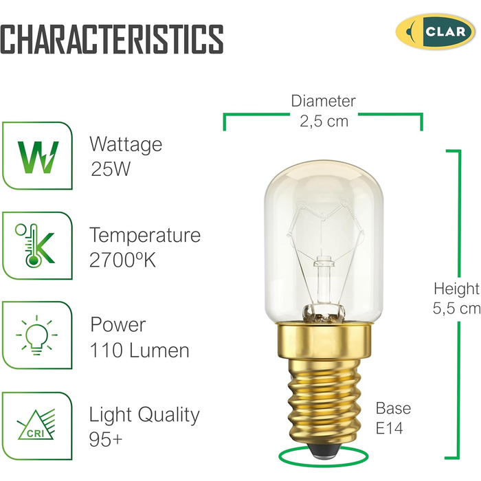 Лампа для духовки E14 25W 300 градусів, лампа для духовки E14, лампочка для духовки, лампочка для холодильника 25W 300 градусів, лампочка для мікрохвильової печі (Pack5)