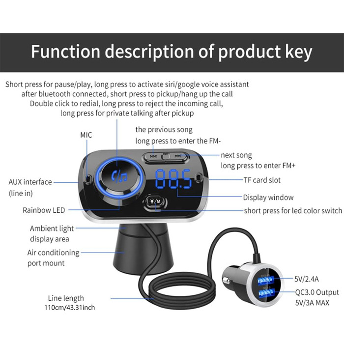 Передавач Bluetooth 5.0, AUX-вхід TOTMOX з підтримкою TF-карти, портативний радіоадаптер MP3-плеєра з подвійним швидким зарядним пристроєм USB QC3.0