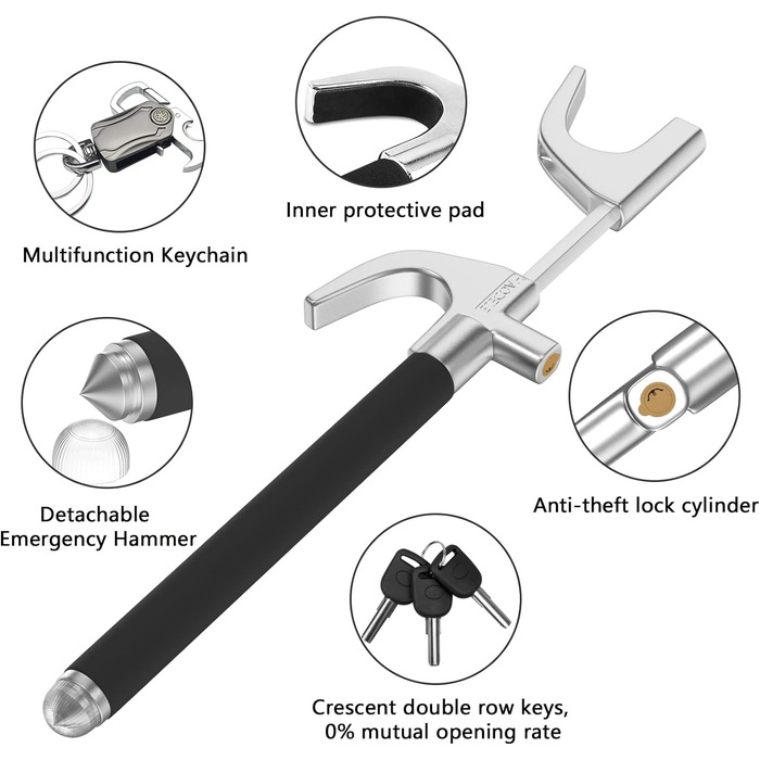 Кіготь керма IMAYCC, Блокування керма для захисту автомобіля, Паркувальний затискач універсальний для автомобілів, Блокування керма з 3 ключами, Аварійний молоток автомобіля, Іммобілайзер будинок на колесах.