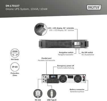 Система безперебійного живлення DIGITUS OnLine - 3 кВА / 3 кВт - 19-дюймовий монтаж 2U - Технологія справжнього подвійного перетворення - Джерело безперебійного живлення - чорний (ДБЖ OnLine, 10 кВА / 10 кВт)