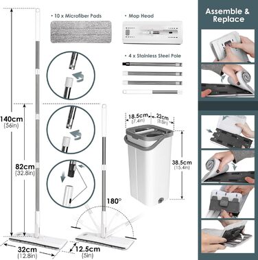 Набір швабри та відра Myiosus, мікрофібра, плоска швабра для вологого та сухого прибирання, з 10 багаторазовими насадками, ручка з нержавіючої сталі 140 см, ламінат, паркетна підлога Білий набір швабр з відром