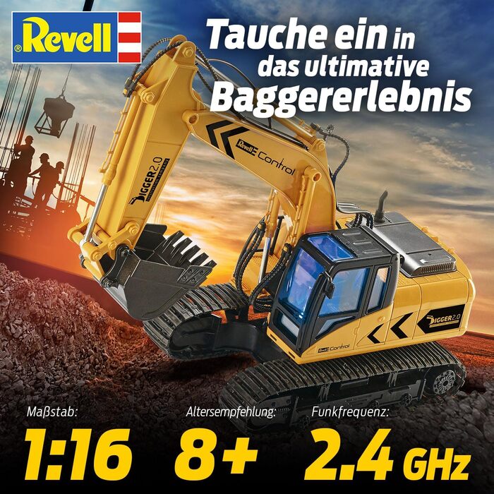 Гусеничний екскаватор Revell Control 24924 RC Digger 2.0, ланцюговий привід, змінні лопата і захват для дерев, підходить для використання на відкритому повітрі, акумуляторна батарея Екскаватор з дистанційним керуванням, 2,4 ГГц, жовтий Екскаватор 2.0