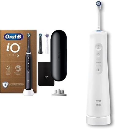 Електрична зубна щітка Oral-B iO Series 5 Plus Edition та акумуляторний іригатор для порожнини рота AquaCare 6, 3 змінні насадки, очищувач міжзубних щіток Matt Black Bundle з іригатором для порожнини рота