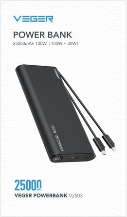 Power Bank VEGER 25000mAh,  130 Вт з вбудованим кабелем