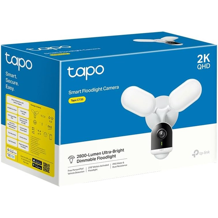 Прожектор Tapo C720 Cam Wired Зовнішня камера спостереження 2K, WiFi 2,4 ГГц, карта microSD, Google Home і Alexa Провідна камера безпеки зі світлодіодом 2800 лм