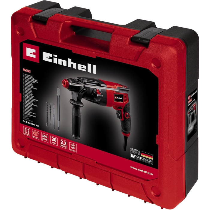 Перфоратор Einhell TC-RH 620 4F Kit (620 Вт, пневматичний ударний механізм, сила удару 2,2 Дж, ударне свердління, свердління, довбання з фіксацією та без, SDS-Plus, блокування безперервної роботи)