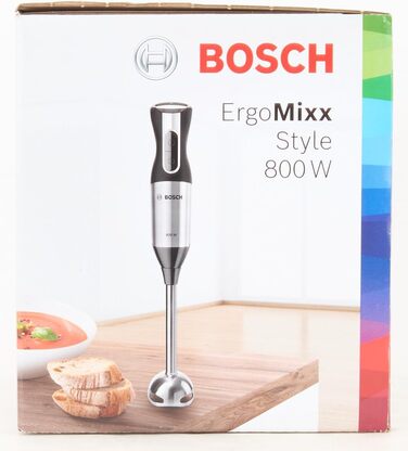 Ручний блендер Bosch ErgoMixx Style MS6CM4150, ніжка блендера з нержавіючої сталі, чашка для змішування та вимірювання, віночок, 4-лезовий ніж, ергономічний дизайн, 12 рівнів плюс турбо, 800 Вт, L-подрібнювач з нержавіючої сталі 500 мл