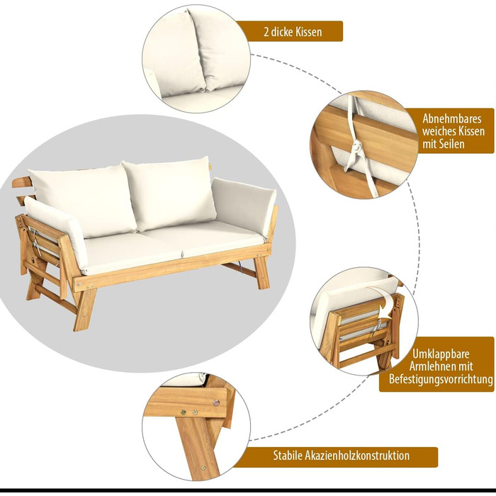 Садова лавка COSTWAY з функцією відкидання, садовий диван з подушками та відкидним підлокітником, дерев'яна балконна лава, садова лава, тераса, балкон, 198 x 75 x 75 см (бежевий)