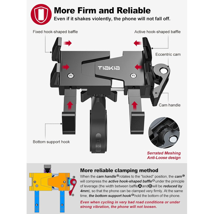 Тримач для мобільного телефону Tiakia Велосипедний алюмінієвий мотоциклетний тримач для мобільного телефону 6 кігтів з обертанням на 360, універсальний тримач для мобільного телефону Встановлення без інструментів Тримач мобільного телефону Велосипед для т