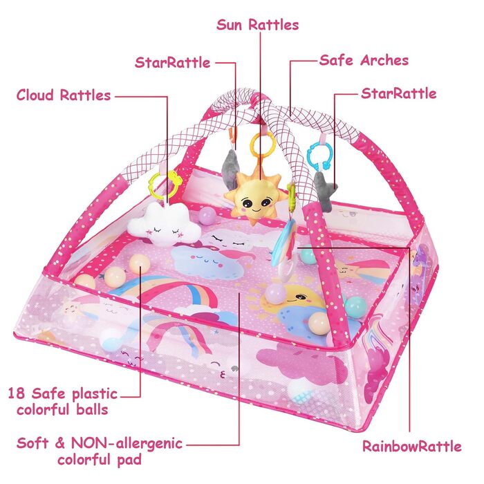 Ігровий килимок Sinbide для немовлят, ігровий килимок з ігровою аркою, ігровий килимок і сенсорні іграшки для немовлят, килимок для повзання з функцією манежу, від народження (рожевий)