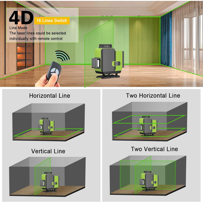Поперечний лазерний лінійний зелений 4x360 градусів 16 ліній, лінійний лазерний поперечний лазер, лазерний нівелір, будівельний лазер для внутрішнього та зовнішнього використання