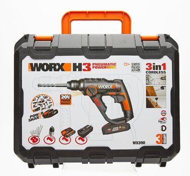 Перфоратор WORX WX390 SDS-plus - 20В дриль з пневматичним ударним механізмом для загвинчування, свердління та забивання - Енергія удару 1,2 Дж - З літій-іонним акумулятором 2,0 Ач, зарядним пристроєм та кейсом 1,2 Дж вкл. 1 акумулятор та зарядний пристрій