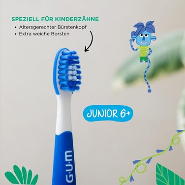 Електрична зубна щітка GUM Playbrush JUNIOR 6 Інтерактивний ігровий додаток 2 режими очищення Дуже м&39яка щетина Батарея на 8 тижнів Таймер звукова зубна щітка, акумуляторна 2 додаткові насадки для щіток Синій