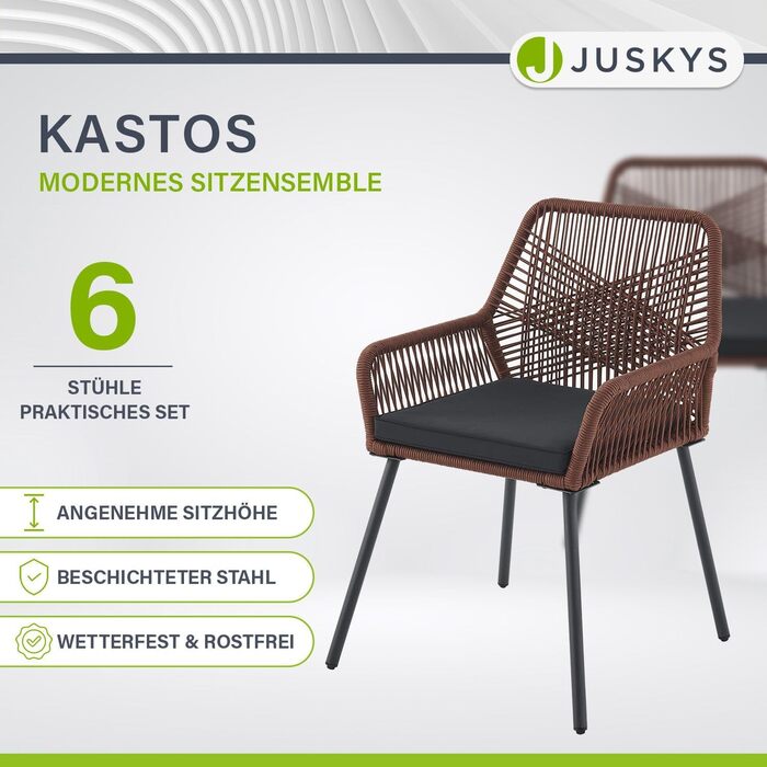 Мотузкові садові стільці Juskys Kastos Set з 6 - Вуличне крісло з підлокітником і подушкою - Садове крісло 150 кг навантаження - Сад Балкон - Стільці коричневі