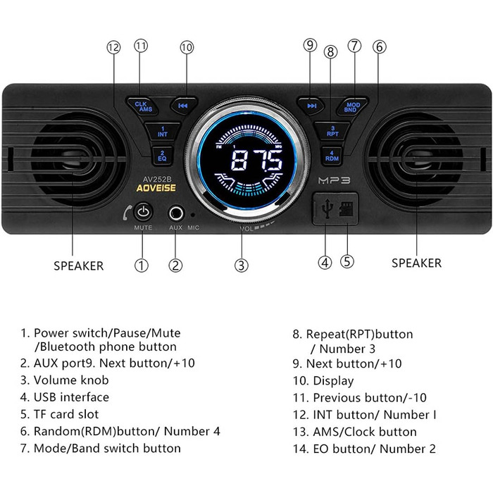 Автомобільна стереосистема Bluetooth Handsfree Стерео FM 2 Підтримка відтворення аудіо USB SD AUX, 1 din AV252