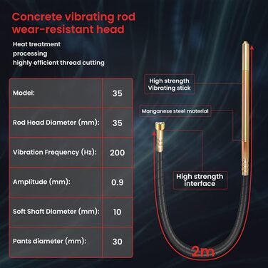 Бетонний вібратор Anbull 1800 Вт, ущільнювач бетону 2 м, вібратор для пляшки 35 мм, вібраційний бетон для пляшок з ручкою для перенесення, швидкість вала мішалки 5500 об/хв