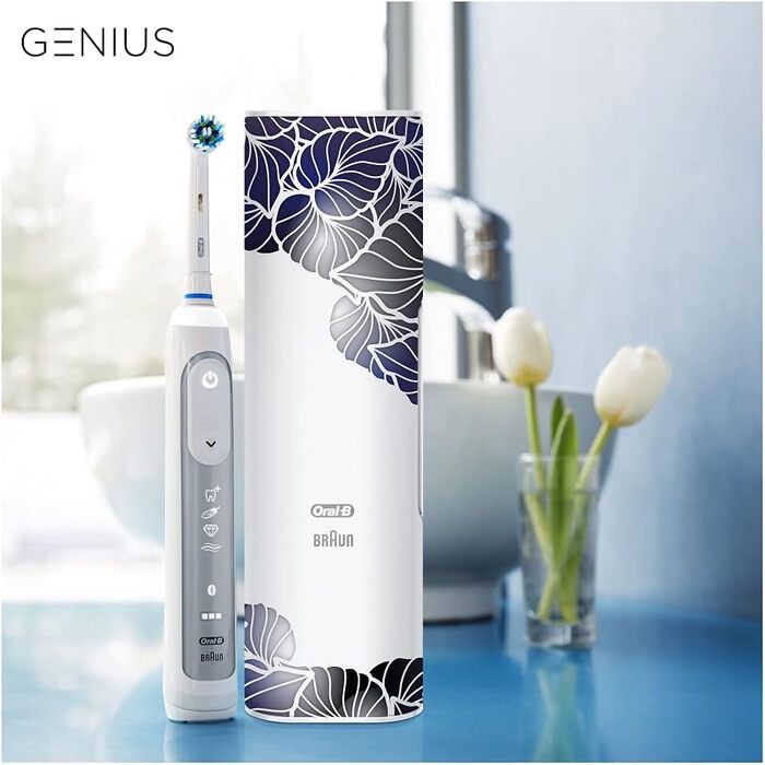 Електрична зубна щітка Oral-B Genius 8500, 5 режимів чищення зубів для догляду за зубами та додаток Bluetooth, дизайнерське видання з дорожнім кейсом, подарунок для неї/нього, срібло