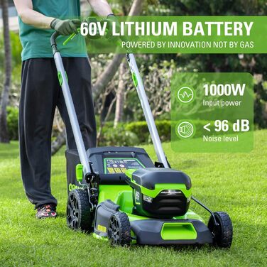 Безщіткова акумуляторна газонокосарка Greenworks Pro 60V 46 см, самохідна, висота зрізу 25-85 мм, складна ручка, вертикальне зберігання, з сумкою 55 л (з акумулятором 4 Ач та зарядним пристроєм)