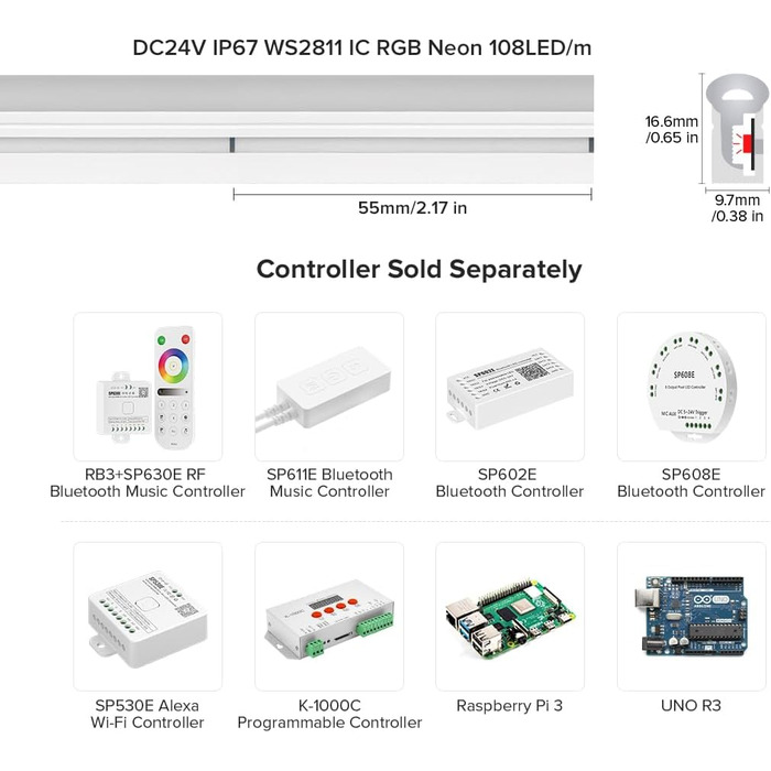 Зі світлодіодною стрічкою WS2811 IC 3M 108LEDs/M, гнучка неонова світлодіодна стрічка DC24V IP67 водонепроникна світлодіодна стрічка з роз'ємами, неонова світлодіодна стрічка з можливістю затемнення для вітальні, спальні, оздоблення стін 24V 3M 108LEDs/M 