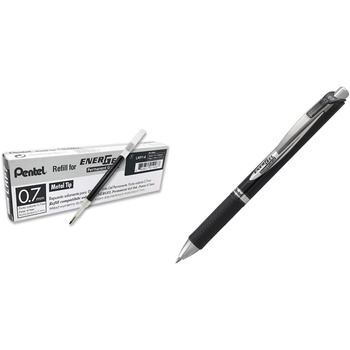 Ручка Pentel LRP7-AX Refill для ручок EnerGel, 12 шт. , 0,7 мм, чорна & EnerGel Document BLP77-AX Гелева ручка, чорна, ширина лінії 0,7 мм, світлостійке чорнило - безпечно для документів за стандартом ISO 27668-2 чорний Пучок з гелевим роликовим м'ячем, ч