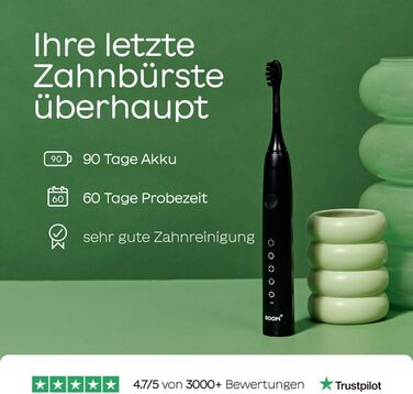 Електрична зубна щітка BOOMBRUSH - звукова зубна щітка з батареєю на 90 днів, включаючи 5 щіток - чорна - Ефективна звукова технологія - електрична зубна щітка для чищення порожнини рота Black Starter Kit 5 щіток