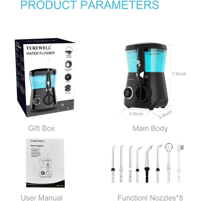 Електричний іригатор порожнини рота - TUREWELL Міжзубний очищувач з 10 рівнями тиску та 8 насадками, водонепроникний іригатор для порожнини рота IPX7, водна нитка 600 мл для дому (чорний)