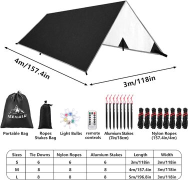 Брезент для кемпінгу IEEILULU, брезентовий багатофункціональний тент 3х3м з люверсами, 6 кілочками і 6 мотузками, кемпінговий намет ультралегкий для гамака для активного відпочинку на природі походи пікнік подорожі 3*5м чорний