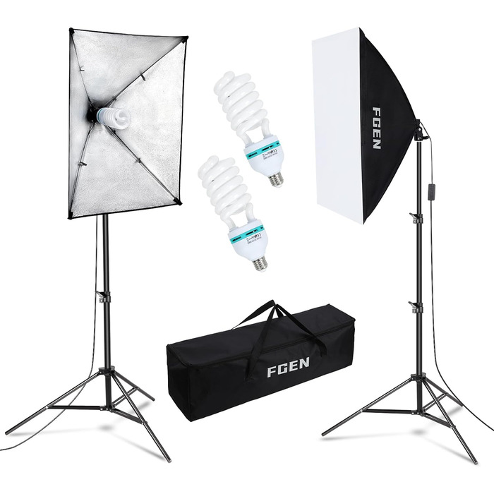 Набір фотостудії Softbox, освітлення FGen Photo Light 2x50x70 см для фотостудій з базовою фотолампою E27 135 Вт 5500K і штативами 2M з регульованим світлом для студійних портретів, предметної фотозйомки 2x135 Вт Softbox