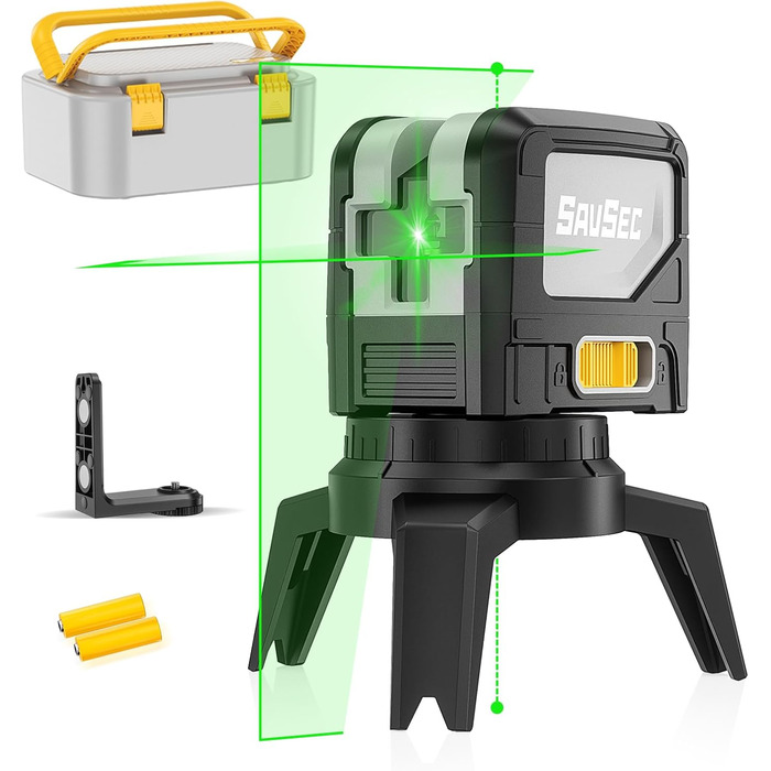 Лінійний лазер Savsec Green Cross з 2 точками виска, лазерний рівень (110 H180 V) самовирівнювання, робочий діапазон лінія 25 м / точка 60 м, вкл. кейс для перенесення