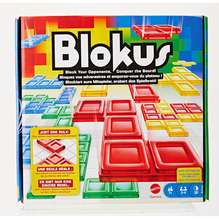 Гра Mattel Games Blokus, настільна гра для сім'ї, стратегічна гра, для 2-4 гравців, кімнатна гра, від 7 років, стандартна упаковка BJV44 одинарна