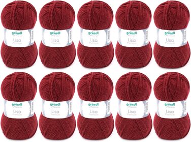 Пряжа Grndl Lisa Premium Uni Knitting & Crochet Yarn (м'яка і вовняна характер, проста в догляді миється трикотажна пряжа з 100 поліакрилу, 50 г/ 133 м, розмір голки 3,5 - 4,5, 10 клубків по 50 г кожен), (бордо)