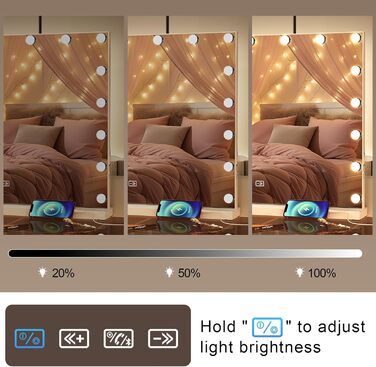 Дзеркало для макіяжу Teousev з підсвічуванням, голлівудське дзеркало Bluetooth з 17 світлодіодними лампочками, дзеркало для макіяжу з регулюванням яскравості, 60x50см 50L x 60B см Білий