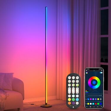 Світлодіодний торшер OUTON Smart, підлоговий світильник RGB WiFi з можливістю затемнення з пультом дистанційного керування, керування APP, сумісний з Alexa та Google Assistant, синхронізація музики, 300 сюжетних режимів, торшер для спальні вітальні (чорни